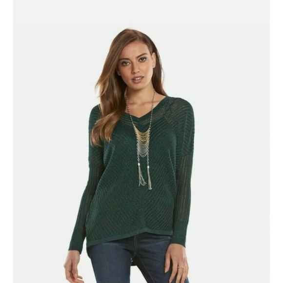 Jennifer Lopez Dark Green Metallic Drop-Shoulder V-Neck Sweater Small - Picture 1 of 9